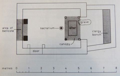 Plan. A rectangular structure has several features labelled, including the door, an “area of bellcote”, “sacrarium”, canopy, altar, and grave. A far wall of a space projecting beyond the altar has a grey bar labelled “clergy bench”.
