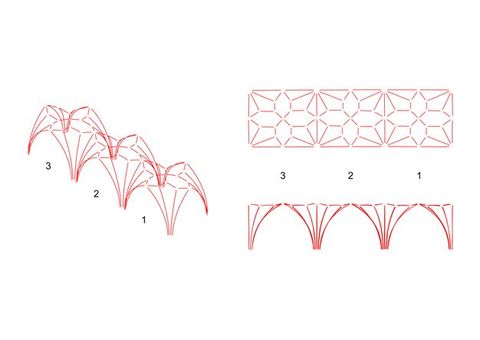 Digital drawings. Red lines show the arrangement of ribbing in three bays of a vaulted ceiling in Wells Cathedral. The illustration to our left shows the ceiling of the bays projected in space. The others show the plan, as if mapped on a flat surface, and an elevation.