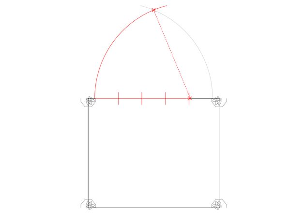 Diagram. A pointed arch is drawn above a square. The top edge of the square is marked with four red ertical lines at even intervals. The lefthand arc of the arch is red. An X at the apex is connected to the rightmost red vertical line on the square with a dotted line.