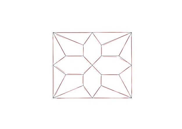 Diagram. Two tall grey X’es create zigzags in a rectangle over which a circle and curving lines are added. A red outline traces an octagonal star shape with four larger points and four smaller points. Four dotted lines in the middle of the rectangle are arranged like a tic-tac-toe grid with the centre of the centre square marked with an X.