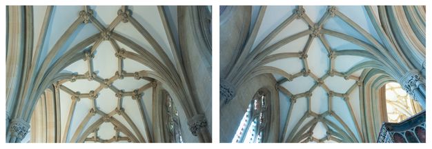 Architecture. Two photographs show ribbed vaults. The ribs are pale grey carved stone and the ceiling between appears like white plaster.