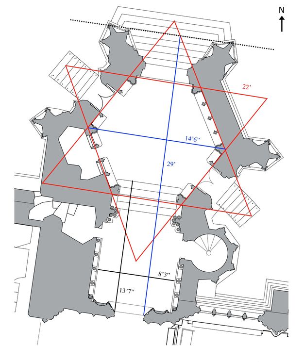 Plan. Footprint of the porch and nearby structure of St Mary Redcliffe Church shows how the inner space of the porch is hexagonal. Red lines trace the angles to create a six-sided star that overlays the plan.