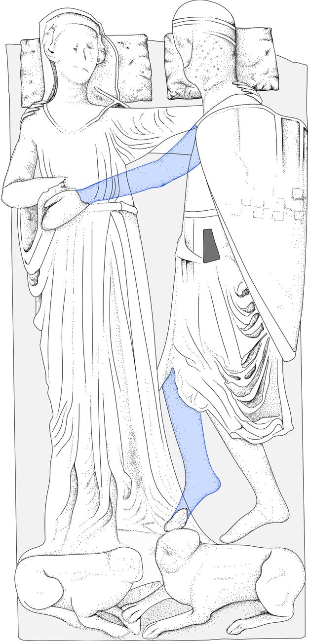 Drawing. Reconstruction of a carved monument showing a man and woman lying alongside each other. The man is on his side and the woman on her back. Blue areas in the drawing show where one of the man’s arms would have reached to touch her dress and one leg would be crossed in front of the other.